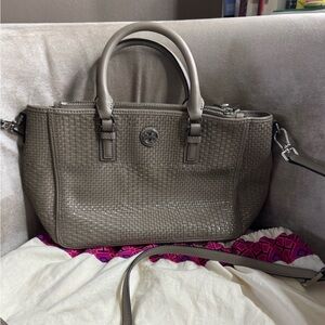 Tory Burch Robinson Double Zip Woven French Gray Leather Multi Tote Bag.